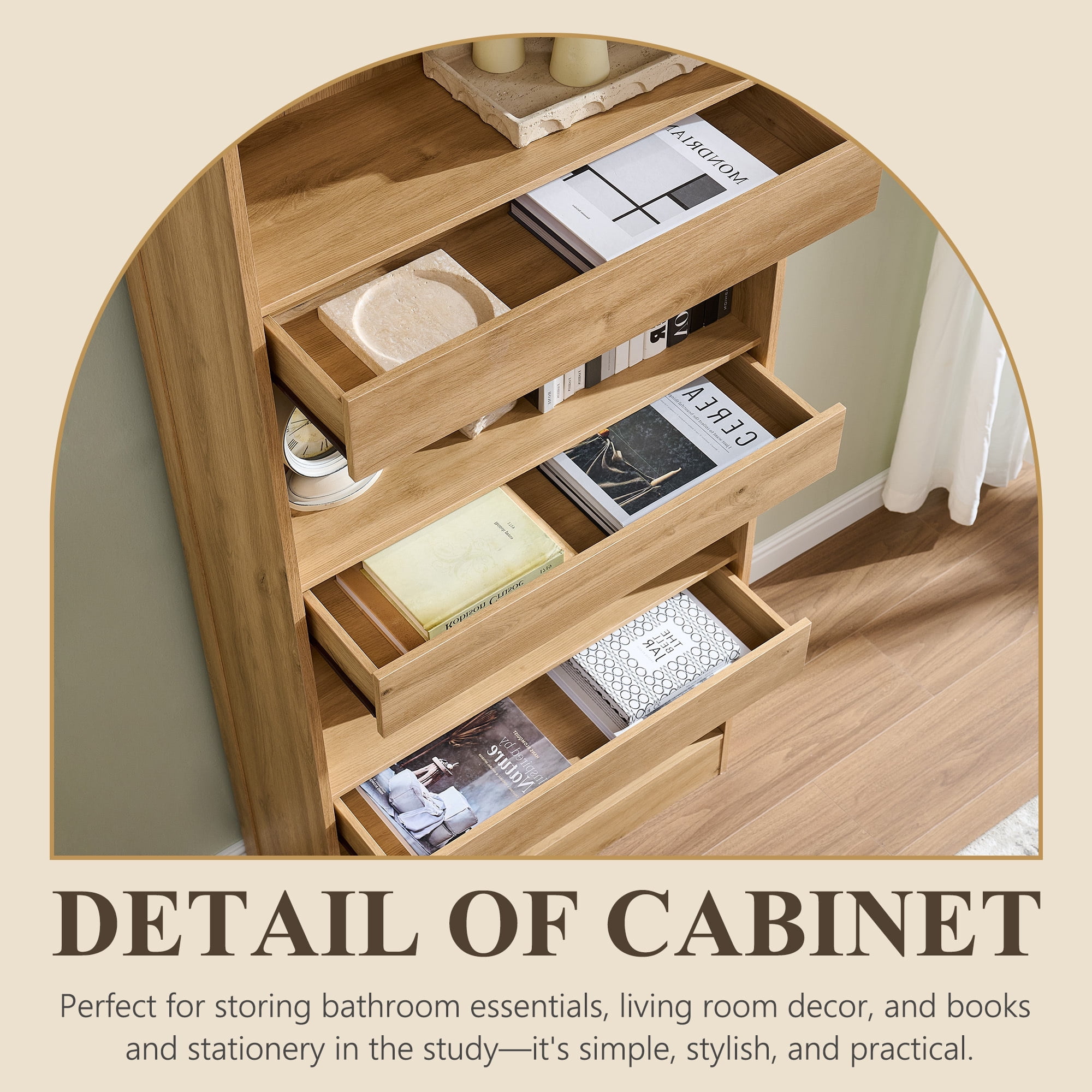 SinCiDo 76" Tall Arched Bookcase w/Hidden Magnetic Lock Drawer at the Bottom, 4-Tier Large Open Bookshelf w/3 Pull-Out Drawers for Living Room, Office