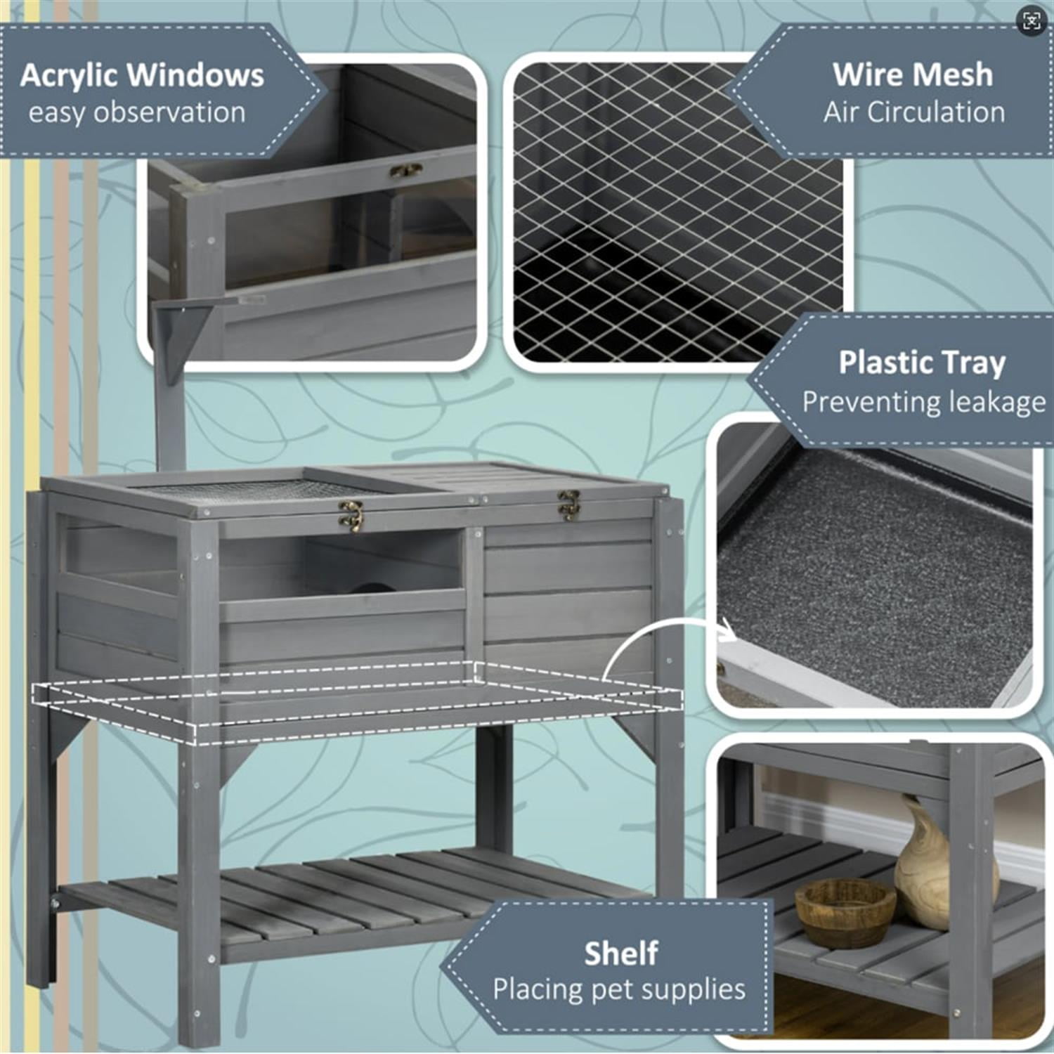 resenkos 40.5" Wooden Tortoise House, Reptile Cage Enclosure with Lamp Holder, Shelf Storage, Small Animals Habitats for Turtles, Lizards, Snakes, Gray
