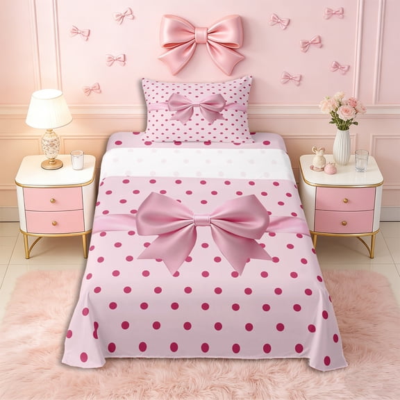 Erosebridal Cartoon Bow Knot Twin Sheet Sets 3pcs for Girls Teens,Kids Dreamy Princess Polka Dots Bedding,Breathable Home Decor