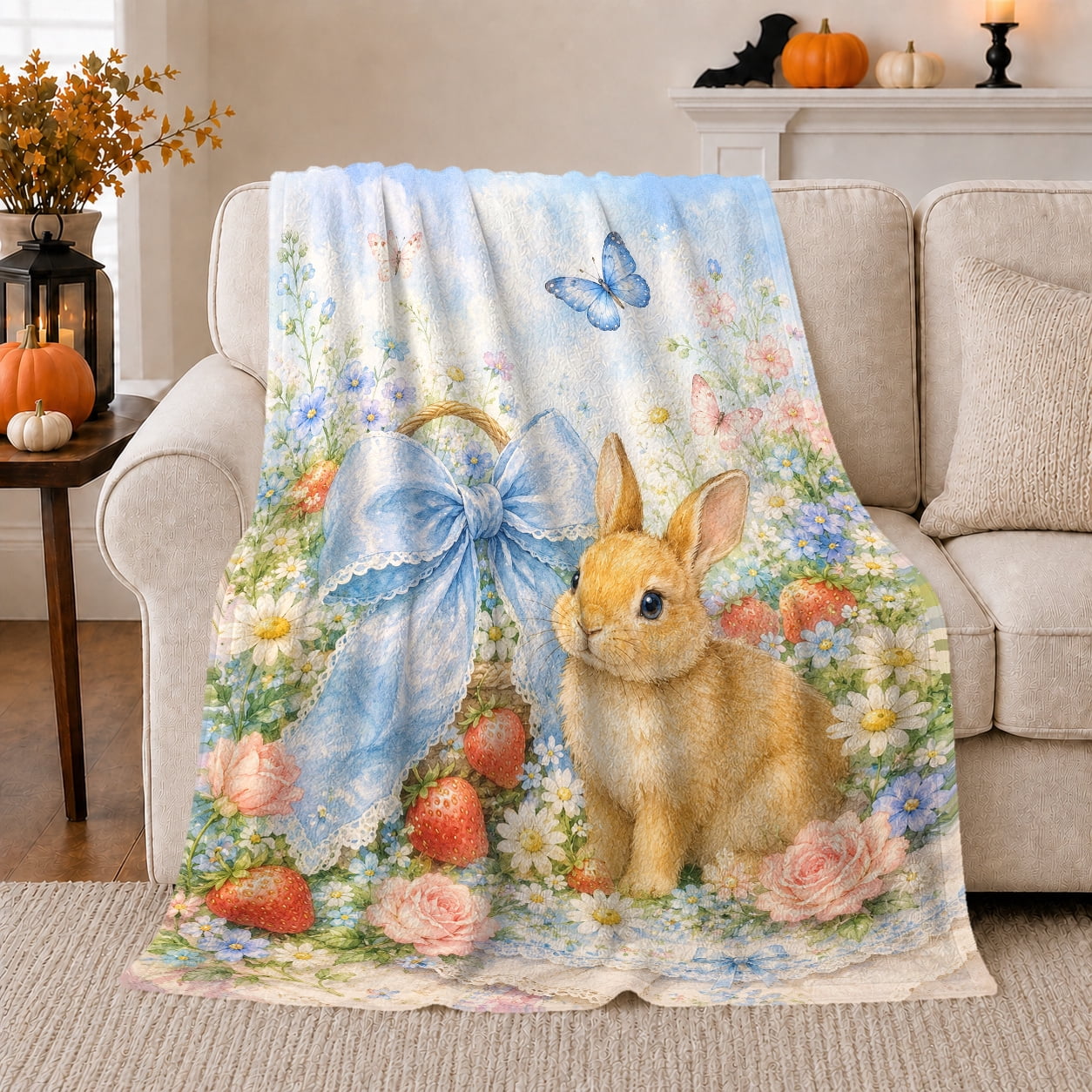 Bunny Floral Meadow Blue Bow Cheerful Watercolor Cozy Botanical Garden Scene Warm Flannel Blanket for Sunroom and Reading Nook Garden Lovers Valentine s Day Gift Artistic Home Decor