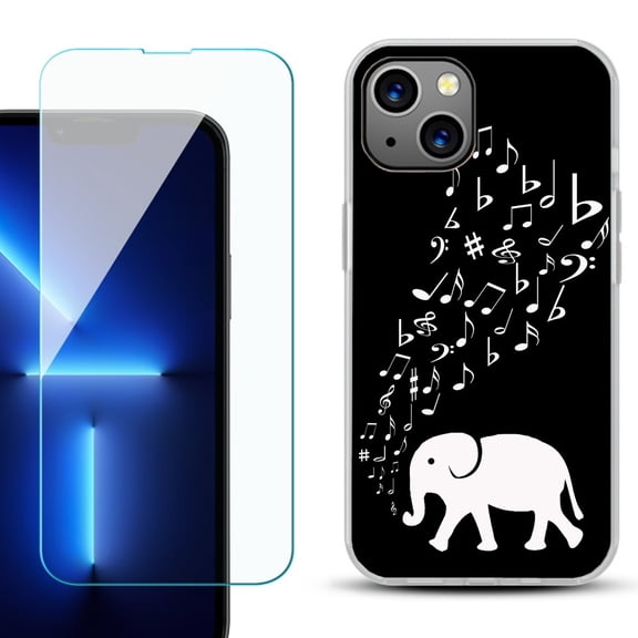 OneToughShield ® for iPhone 15 Fashion Phone Case, with Tempered Glass Screen Protector - Elephant Music