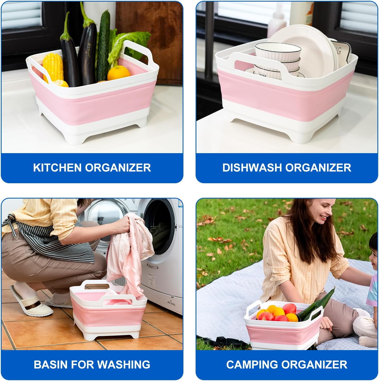 Collapsible Dish Basin, 2.4 Gallon Foldable Kitchen Sink with Drain Plug for Space-Saving Dish Washing, Vegetable & Baby Bottle Cleaning