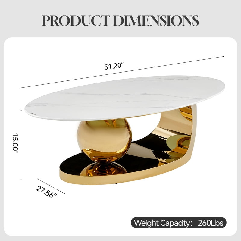 51.2-Inch Oval Faux Marble Top Center Coffee Table, Living Room End Table with C-Shaped Stainless Steel Base