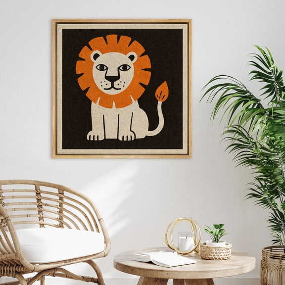 Framed Canvas Wall Art Cute Lion Animal Print for Nursery Kids Room Decoration - 16"x16" NATURAL