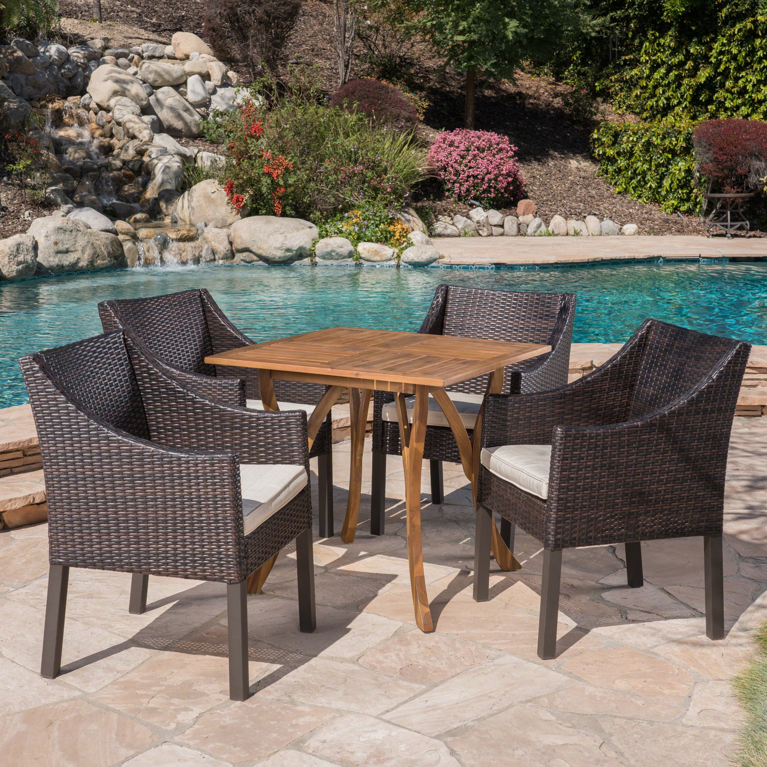 Holland Outdoor 5 Piece Acacia Wood and Wicker Dining Set with Cushions ...