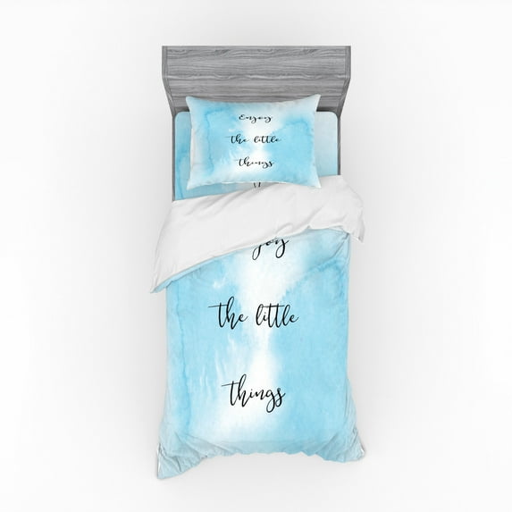Enjoy the Little Things Duvet Cover Set, Inspirational Words on Blue Shade Watercolor Background Ombre, Bedding Set with Shams and Fitted Sheet, 3 Sizes, by Ambesonne