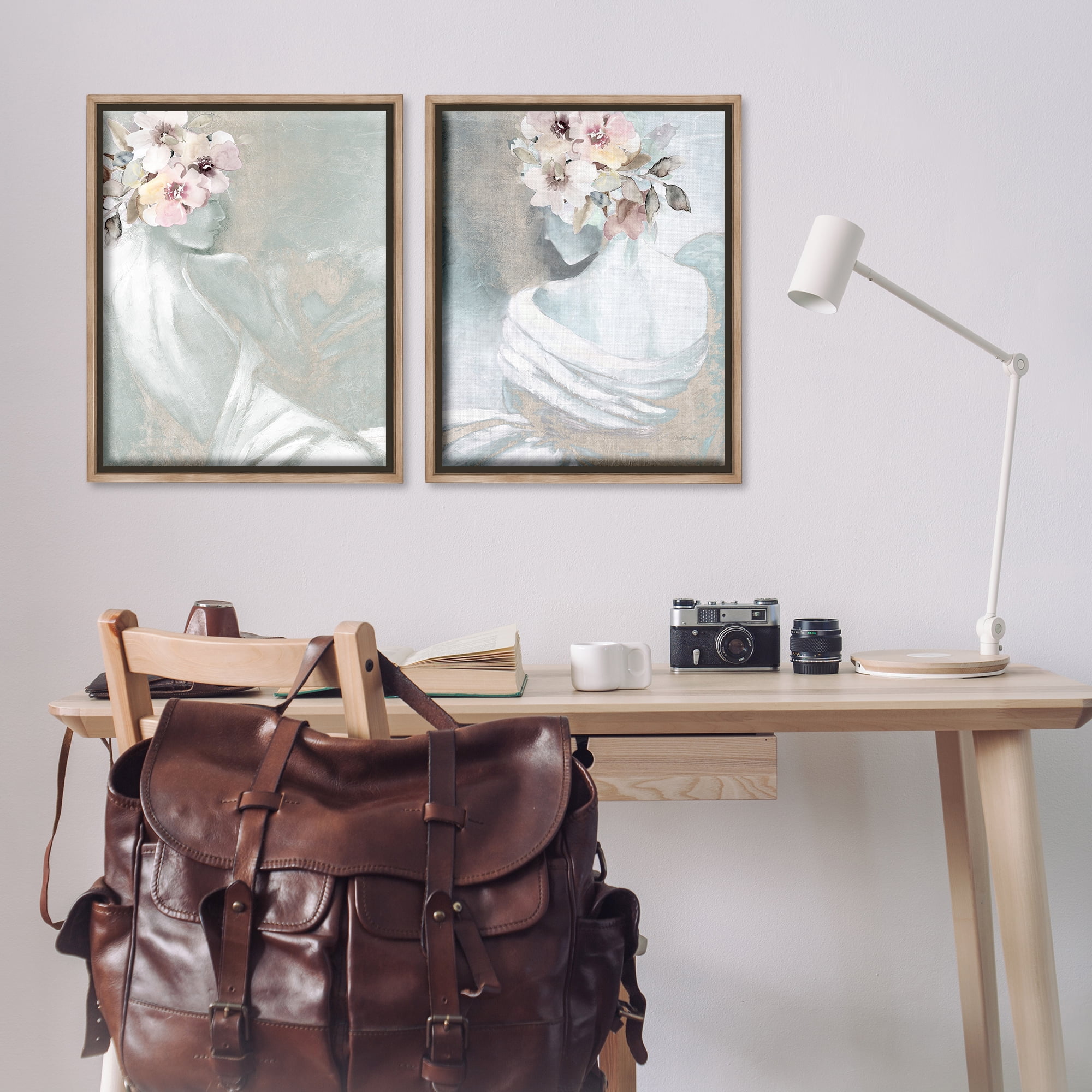 Stupell Industries Female Figure Floral Pose People Painting Brown Floater Framed Canvas Art Print Wall Art, 31 x 25, Set of 2