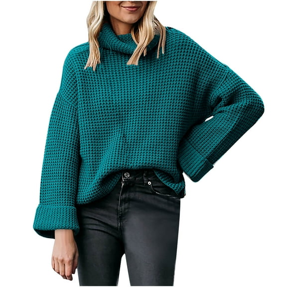 Women Chunky Turtleneck Waffle Knit Sweater Top Pullover Oversized Knitted Long Bell Sleeve Jumper