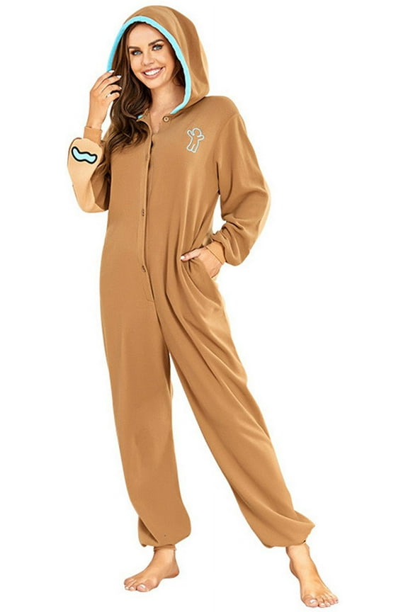 Gingerbread Man Ladies Christmas Dress Up Cosplay Hooded Jumpsuit Pajamas Halloween Drama Performance L,Brown-1