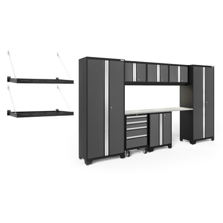 

NewAge Products Bold Series Gray 10 Piece Cabinet Set Heavy Duty 24-Gauge Steel Garage Storage System LED Lights / Wall Mounted Shelf Included