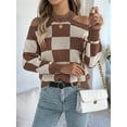 thumbnail image 6 of Women'S Color Block Checkered Off-Shoulder Long Sleeve Y2K Knitted Pullover Tops Vintage Sweater Coffee Color S, 6 of 8