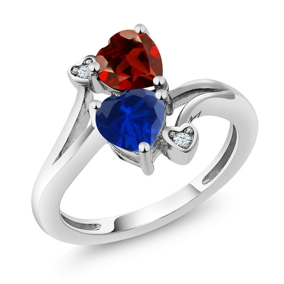 Gem Stone King 10K White Gold Red Garnet and Blue Created Sapphire Women Ring (1.73 Cttw, Heart Shape 6MM, Size 8)