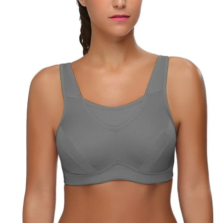 Wingslove Women s Sports Bra Full Coverage Wireless Bra Plus Size High Impact Non Padded Workout Bra Gray 36DD