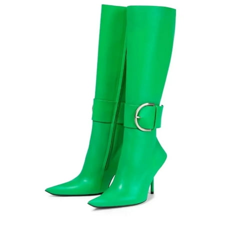 

Ladies Stiletto Mid Boots Fashion Pointed Toe Metal Buckle Boots Fashion Catwalk Autumn and Winter Knee Length Women s Boots green 42