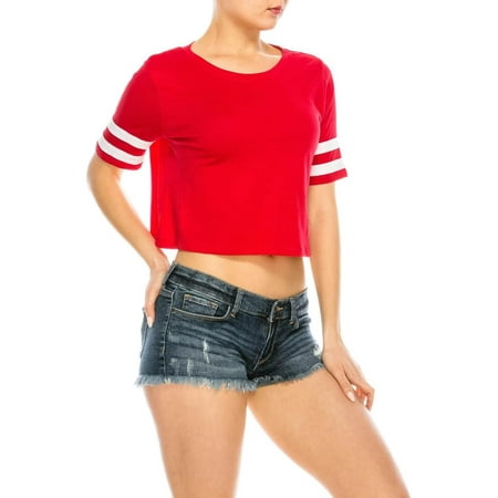 Flag Red Top White Bottom - Salt Tree Women's Contrast Band Short Sleeves Crew Neck Cropped T-shirt