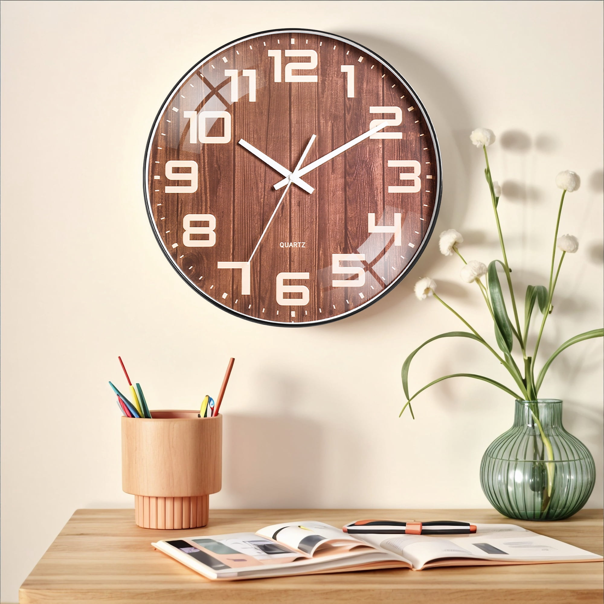 Unique Bargains Silent Non Ticking Battery Operated Wall Clock Black Texture 8 Inch