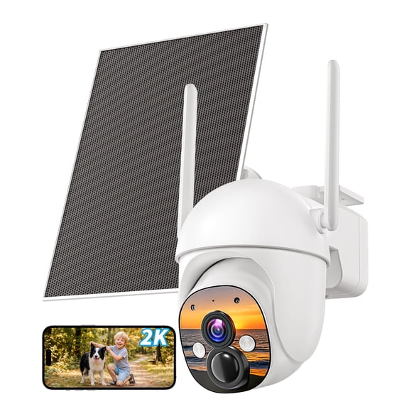 2K outdoor solar safety camera, 360 ° field of view 2.4GHz WiFi outdoor camera, with color night vision function, battery powered, AI PIR detection, spotlight Alarm