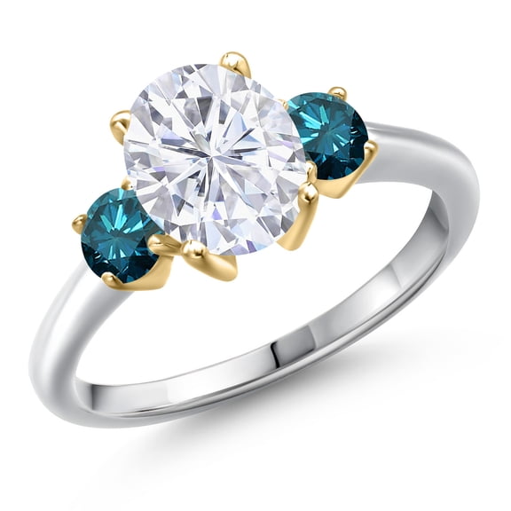 Gem Stone King 925 Silver and 10K Yellow Gold White Moissanite and Blue Diamond Engagement Ring for Women | 2.64 Cttw | Oval 9X7MM | Gemstone Birthstone | Size 8