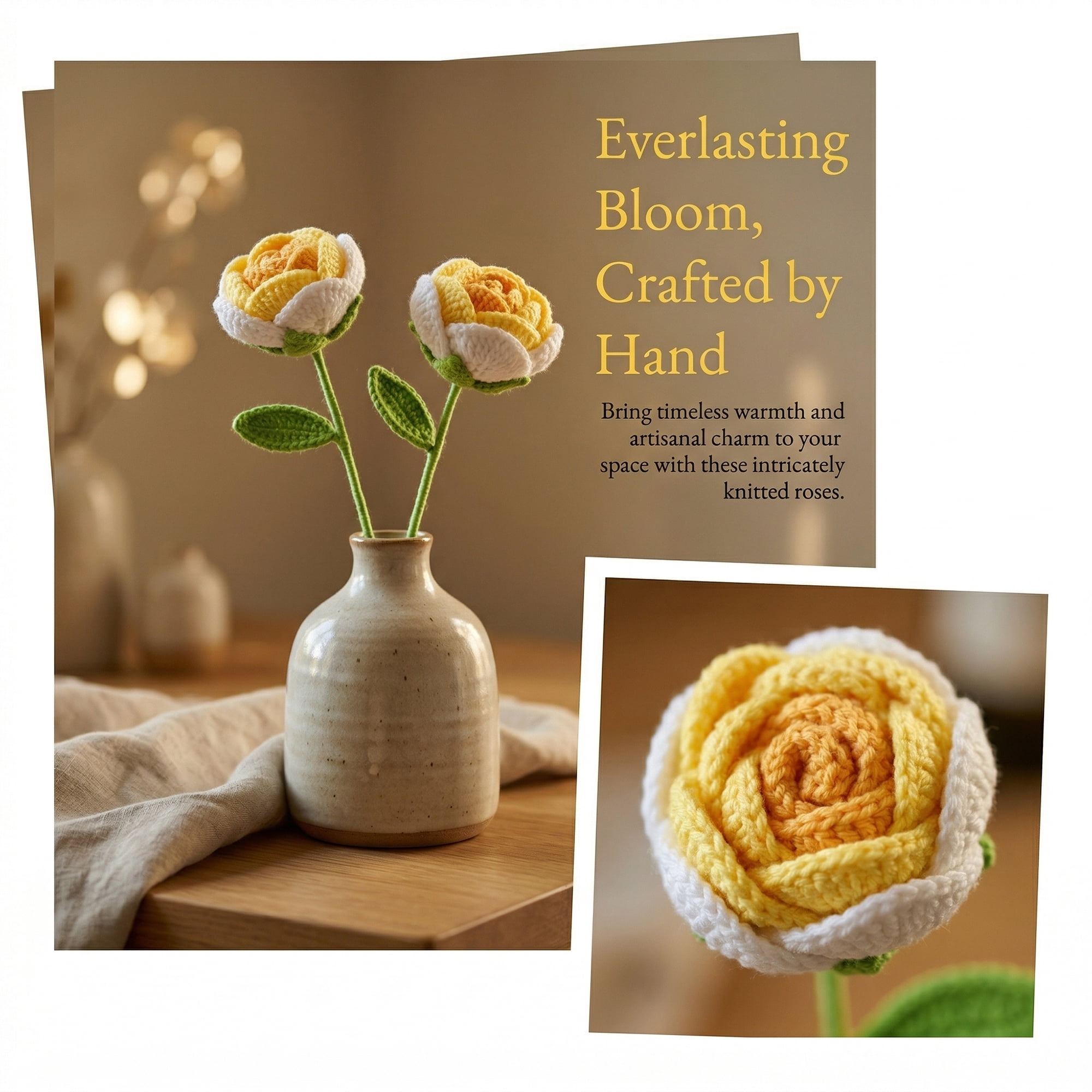 Unique Bargains 2Pcs Handmade Crochet Long Stem Realistic Fake Roses Gradient Yellow