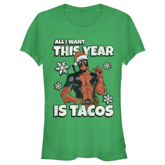 Junior's Marvel Christmas Deadpool Santa Tacos  Graphic Tee Kelly Green Large