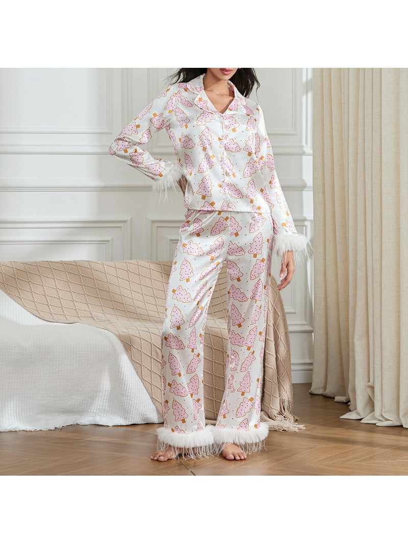 上下セット MARBLE PAMM summer pajamas Women Christmas Satin Pajamas Sets Feather Trim Long Sleeve