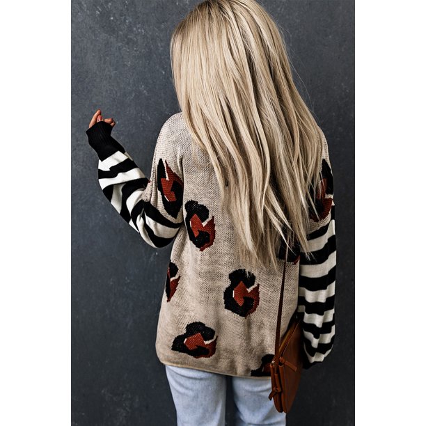 ABPHQTO Suéter de leopardo de patchwork con mangas a rayas para mujer