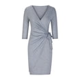 thumbnail image 3 of RYRJJ Women's Elegant Wedding Guest Dresses V Neck 3/4 Sleeve Faux Wrap Ruched Bodycon Sheath Cocktail Party Work Dress(Gray S), 3 of 5