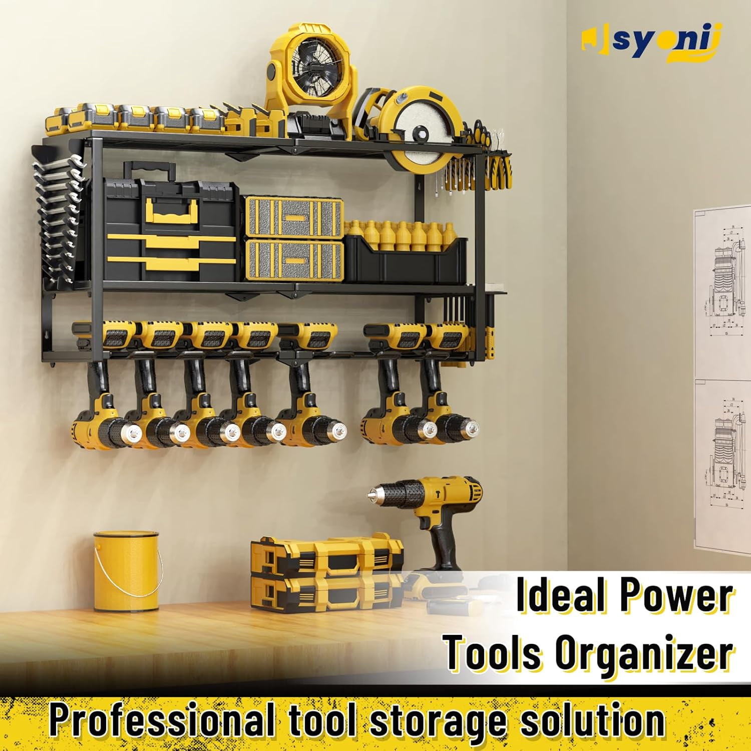 Heavy Duty 3-Tier Power Tool Organizer Wall Mount with 8 Drill Holders and Wrench Shelves for Garage Workshop Storage