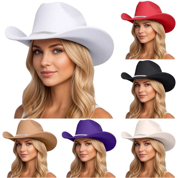 XIAOCHA Women's Rhinestone Cowboy Hat Wide Brim Solid Wool Western Hat,White