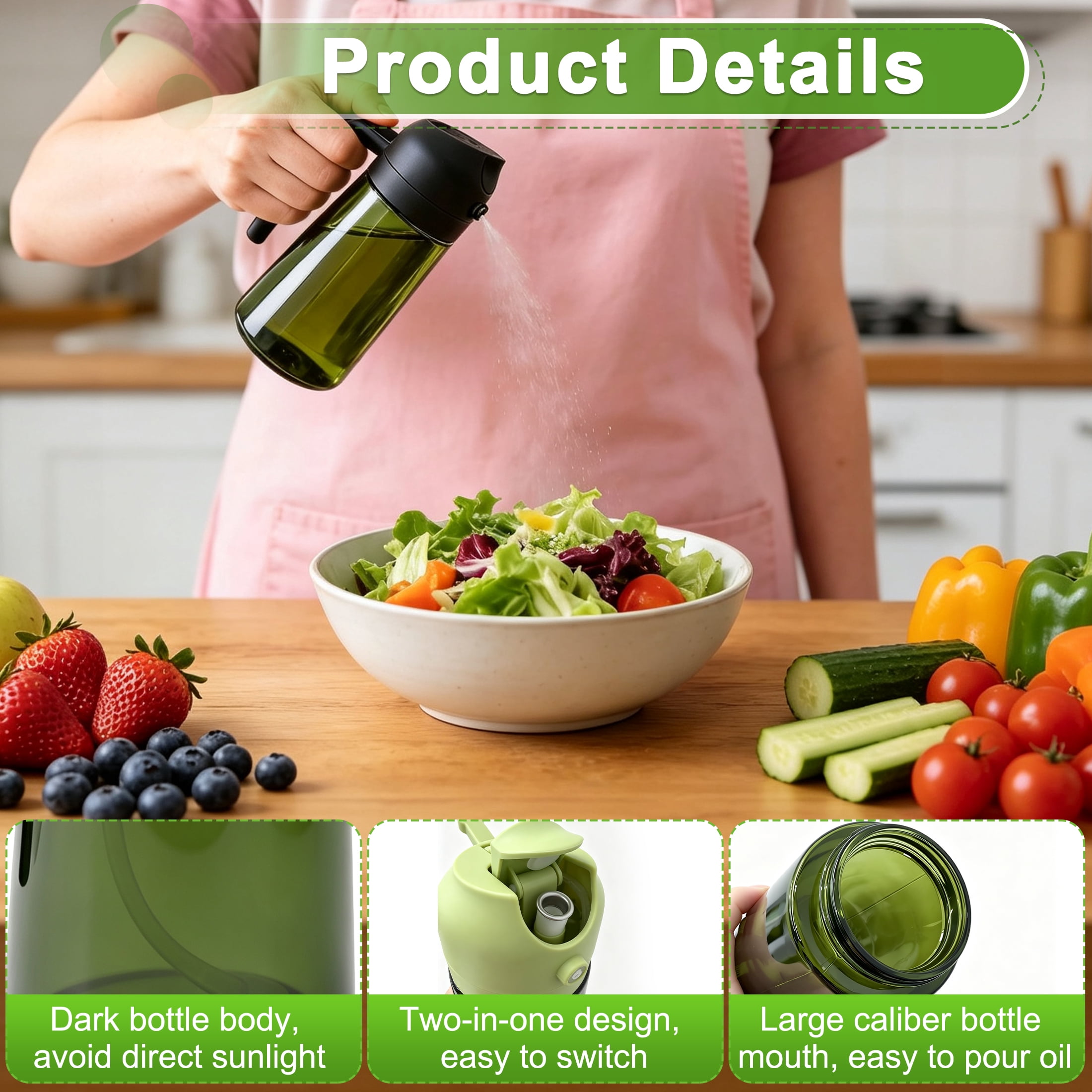 2 in 1 Oil Dispenser and Oil Sprayer Bottle, 16OZ Dual Purpose Kitchen Oil Container, Olive Oil Sprayer Bottle for Cooking, Salad, Barbecue & Air Fryer(Black & Green)
