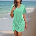 thumbnail image 2 of Taqqpue Womens Short Sleeve V Neck Swing T-Shirt Dress Casual Dress Solid Color Mini Beach Dress Twist Knot Loose Sundress, 2 of 8