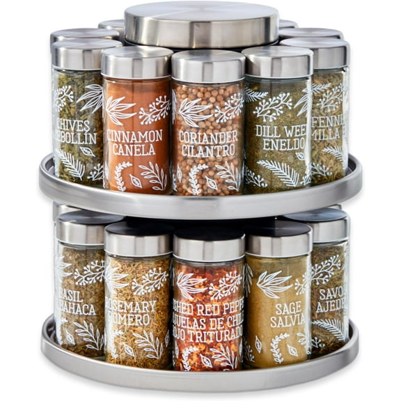 20 Jar Revolving Spice Rack with Integrated Tool Caddy, Brushed Stainless Steel with Stainless Steel Caps