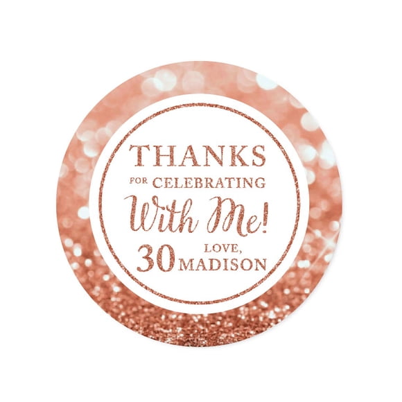 Andaz Press Étiquettes Rondes Personnalisées Scintillantes Rose Doré, Merci de Célébrer avec Moi 30, 30e Anniversaire Ou Anniversaire, Lot de 40, Nom Personnalisé
