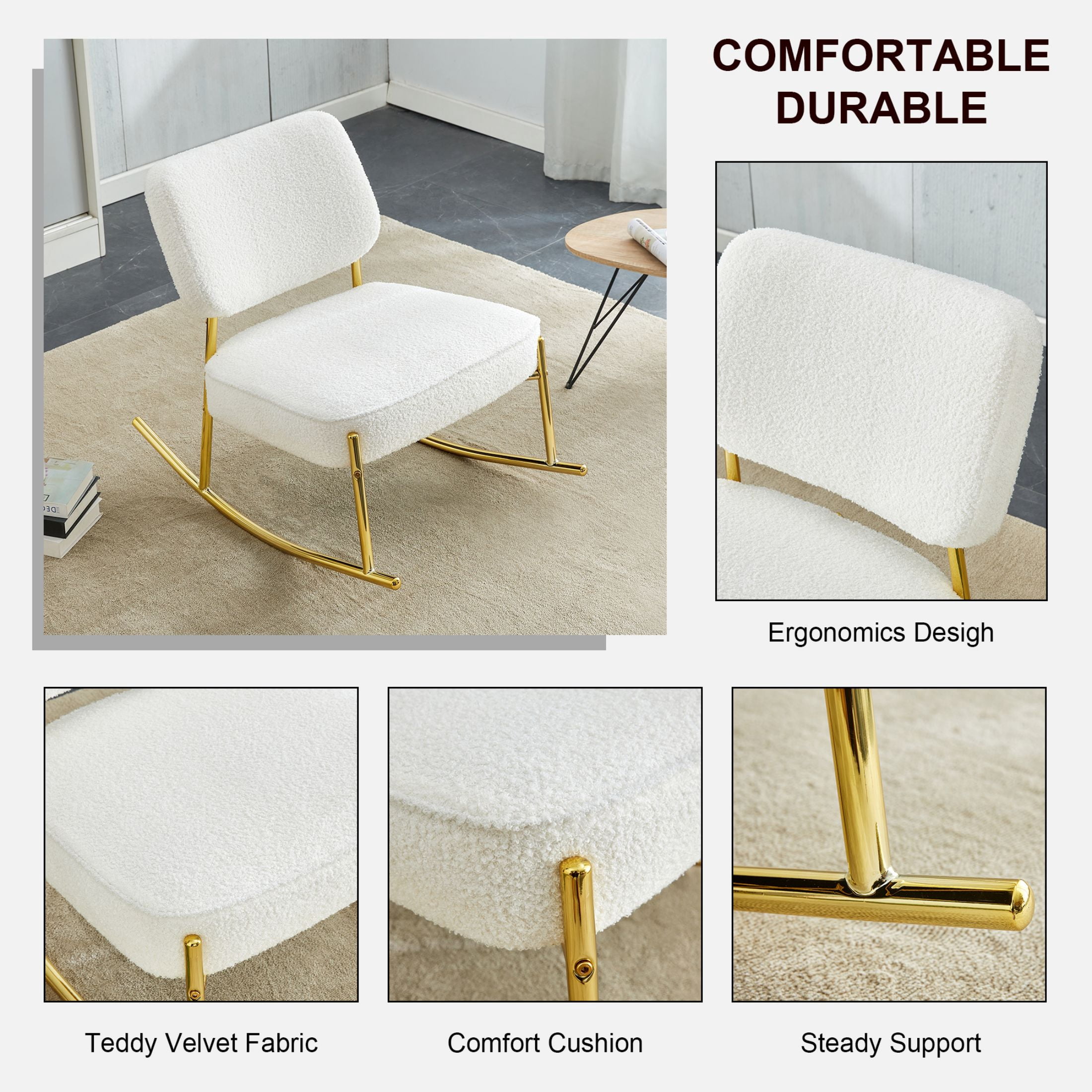 Aukfa Deep Seating Rocking Chair with Teddy Padded Seat, Golden Metal Legs for Living Room, White