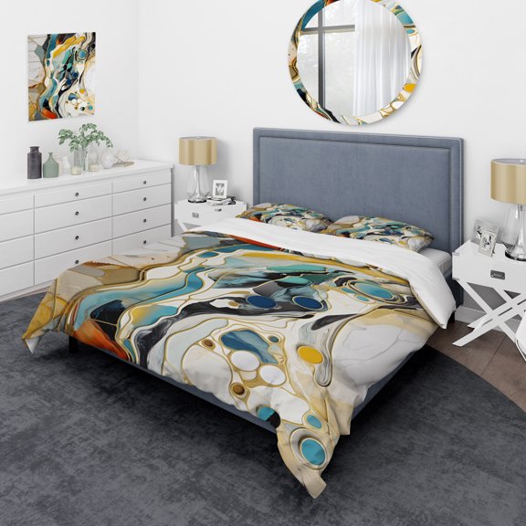 Designart "Liquid Ink Abstraction Harmony Blue and Yellow Fusion III" Abstract Liquid ink Bedding Covert Set - Abstract Blue Modern Bed Set With 2 Shams