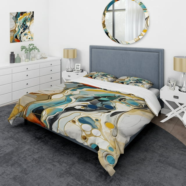 Designart "Liquid Ink Abstraction Harmony Blue and Yellow Fusion III" Abstract Liquid ink Bedding Covert Set - Abstract Blue Modern Bed Set With 2 Shams