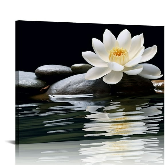 Acheng Zen Canvas Wall Art White Lotus and Black Zen Stones Bloom in Water Picture Prints for Yoga Spa Meditation Spiritual Room Bathroom Decor 20x16in