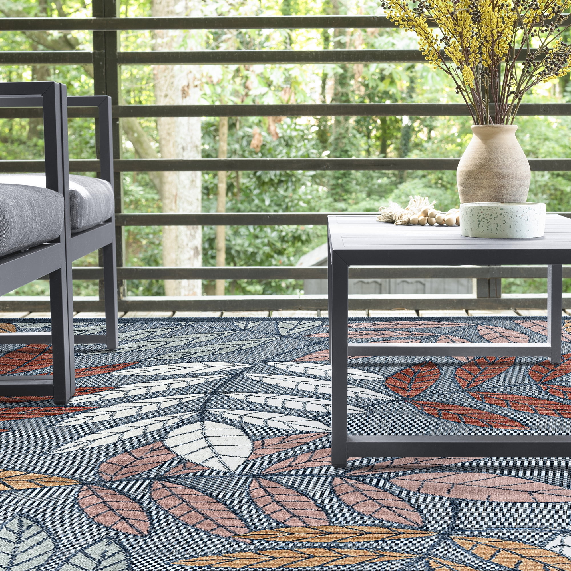 5x7 Water Resistant, Indoor Outdoor Rugs for Patios, Front Door Entry, Entryway, Deck, Porch, Balcony | Outside Area Rug for Patio | Dark Blue, Floral | Size: 5'1'' x 7'3''