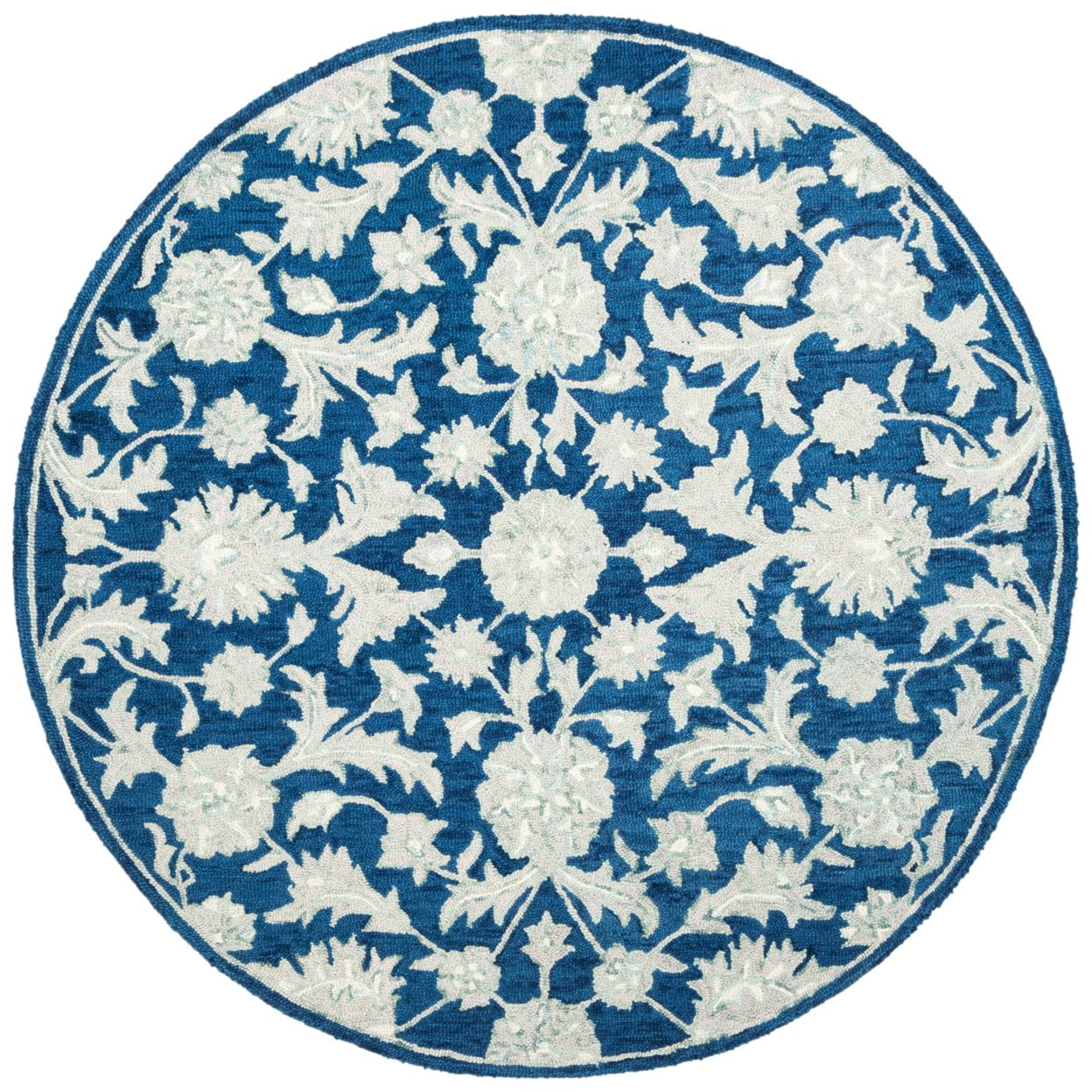 SAFAVIEH Micro-Loop Carl Floral Overdyed Wool Area Rug, Navy/Grey, 5' x 5' Round