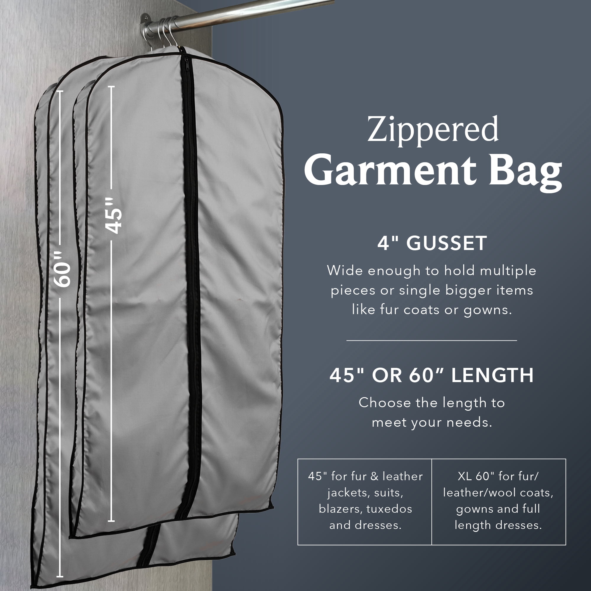 45'' Breathable Gray Cotton Poplin (Black Trim) Garment Bag - 1 Count - Basic LTD