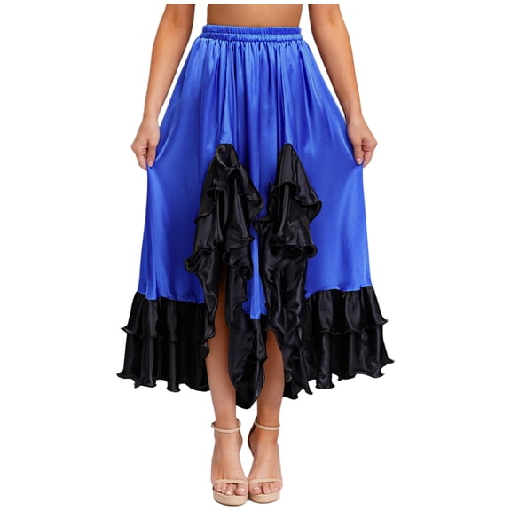 inlzdz Women Spanish Flamenco Dance Skirt Ruffle Trim Irregular Hem Big Swing Skirts for Tango Salsa Royal Blue XXL