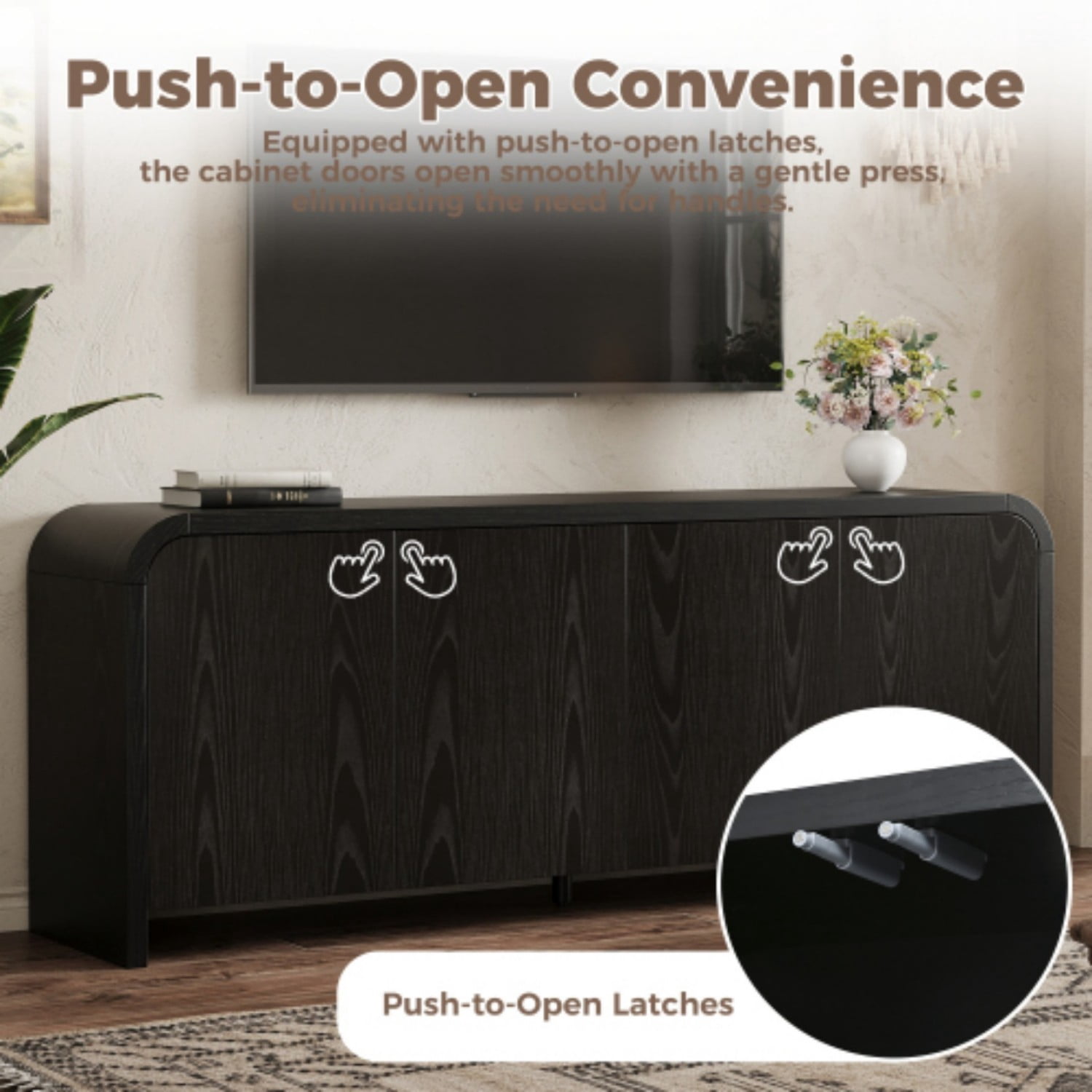 Farmhouse Curved Edge TV Stand for 70 Inch TV, Mid Century Modern Wood Grain Media Console with Adjustable Shelves, Cabinets & Cable Management for Living Room, Black
