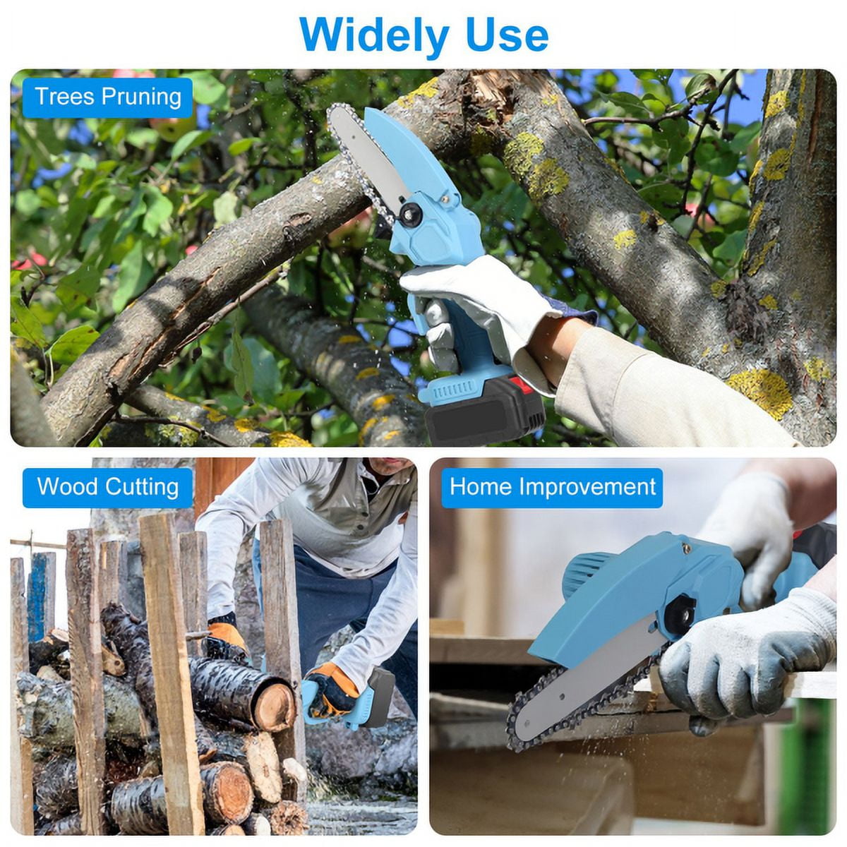 4" & 6" Cordless Mini Chainsaw Set - 20000RPM with 2 Batteries, 2 Chains & Safety Gloves, Electric Brushless Saw for Wood/Tree Cutting, Blue