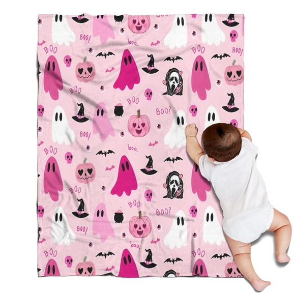Halloween Pink Ghosts and Witchy Elements Blanket,Comfortable Soft Flannel Throw Blanket,All Season,Warm Lightweight Blankets for Sofa Bed Couch Living Room Chair,30"x40"
