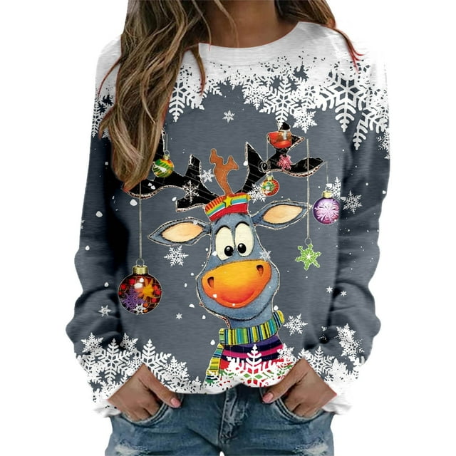 WEAIXIMIUNG Chandail en Molleton pour Femmes avec Fermeture Éclair Chandails de Noël pour Femmes Mode Adolescentes Manches Longues Col Rond Chandail en Molleton Mignon Renne Graphique Xmas (1)
