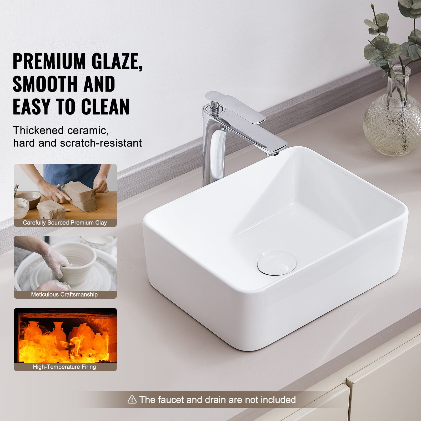KFFKFF Rectangular Basin, 16"x12" Countertop Sink for Bathrooms, Crafted from White Ceramic, Designed for Above Counter Use