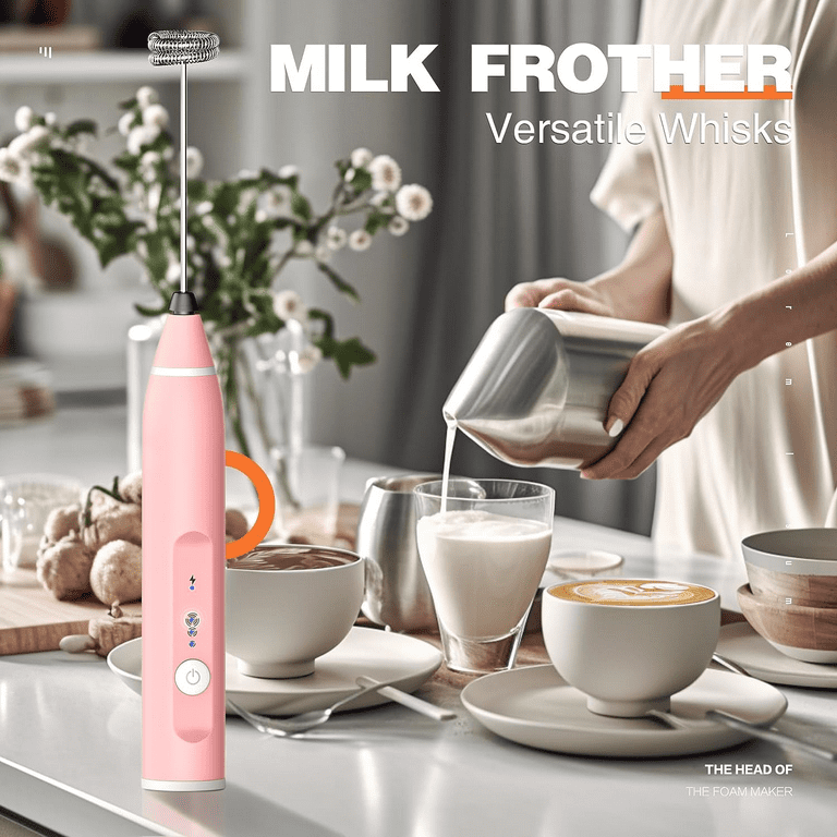 Laposso Handheld Milk Frother Rechargeable with 3 Stainless Whisks 3 Speed Adjustable Foam Maker Blender for Coffee Matcha Latte (Pink)