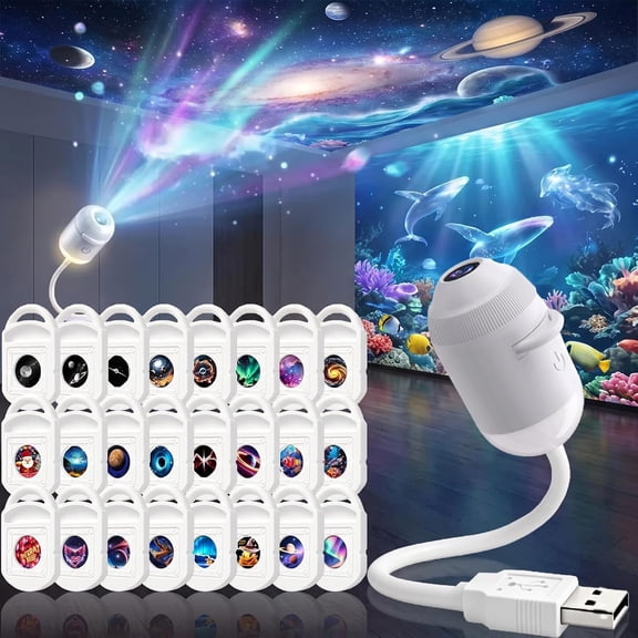 Galaxy Projector Night Light, 2-in-1 5D Holographic Star Projector, 360° USB Ceiling Lamp with 24 Films