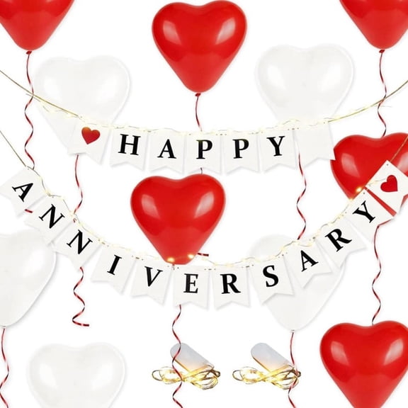 White Happy Anniversary Banner Sign Bunting Garland Streamer White Red Love Heart Balloon and LED String Light for Vintage Rustic Wedding Anniversary Party Decorations Supplies