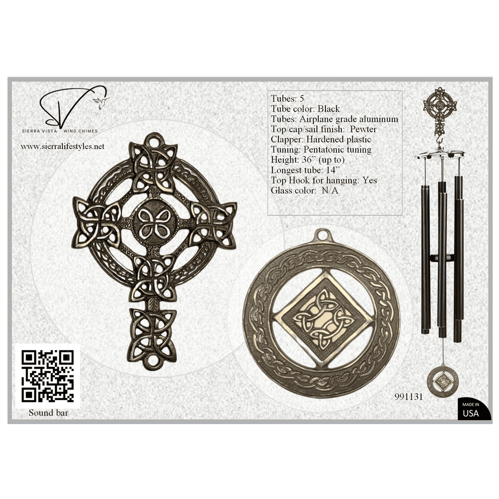 Wind Chime - 36in Cross/Celtic - Black Tube